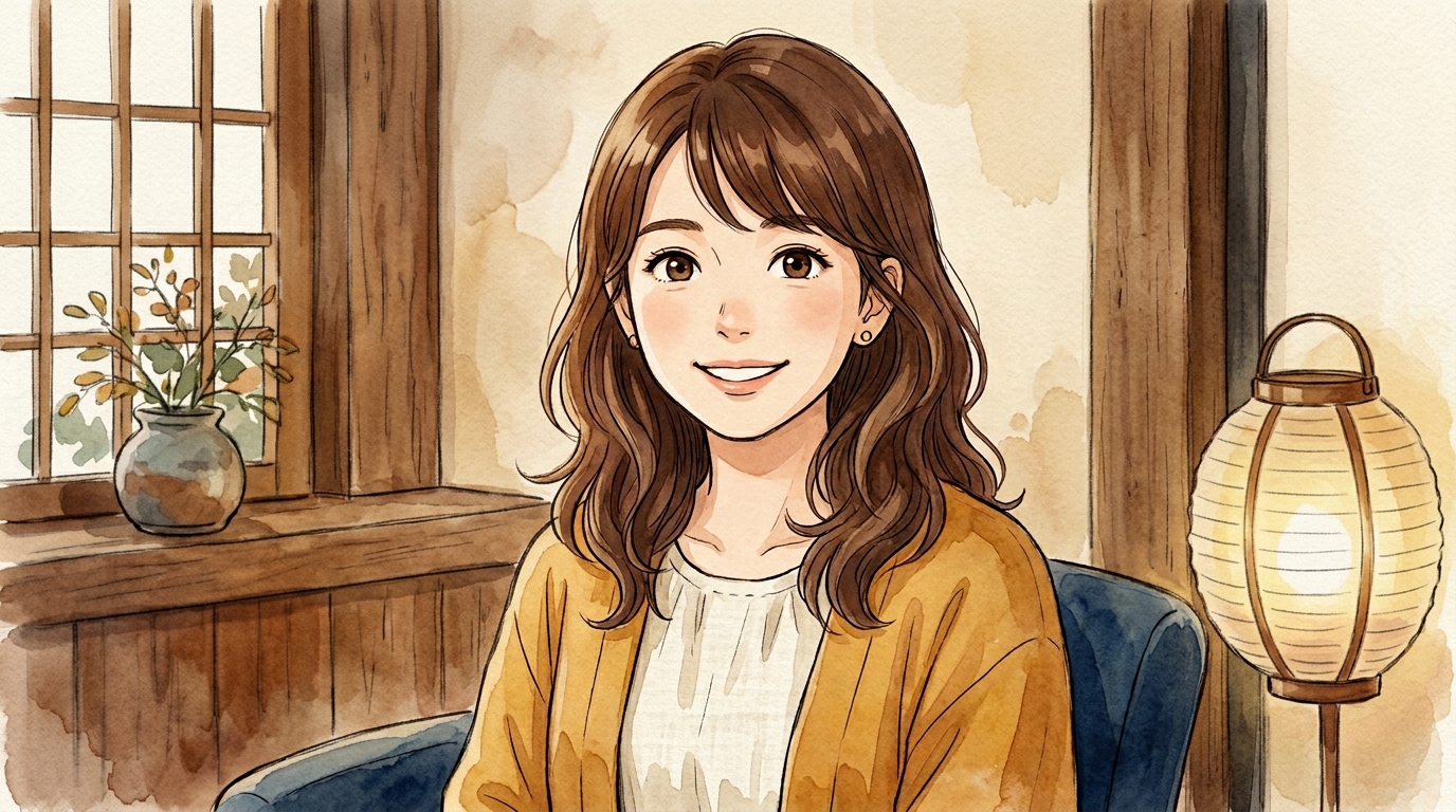 Hana, a young woman in a mustard-yellow cardigan with long wavy brown hair.