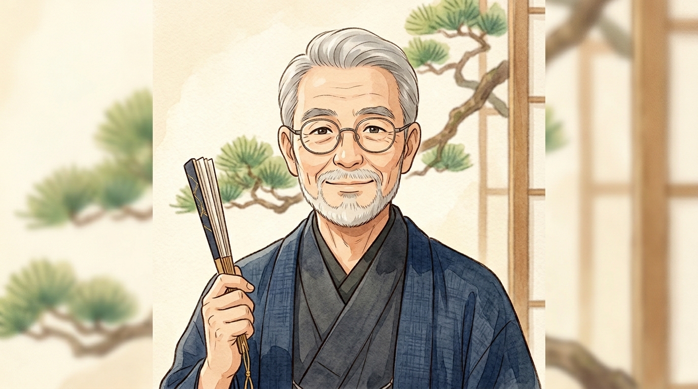 Kenzo, an elderly man in a dark indigo kimono with round glasses.