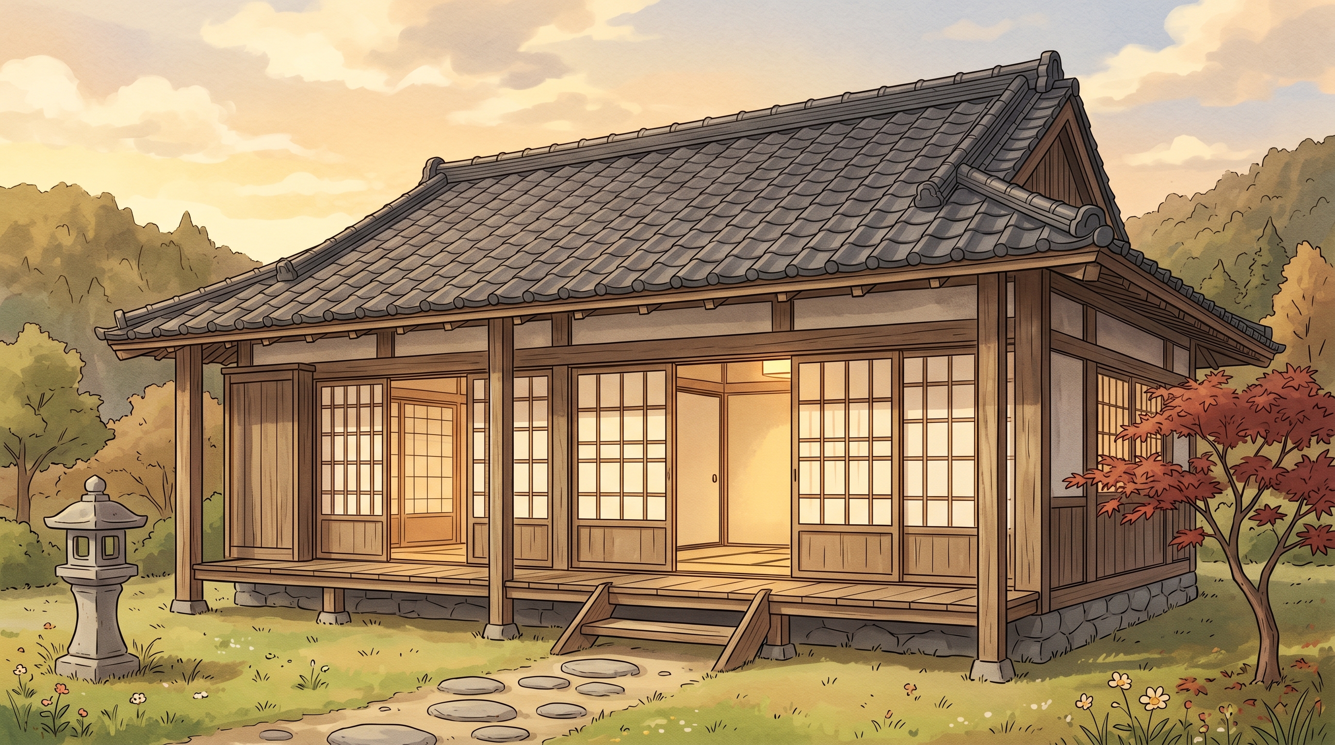 The host house in the Japanese countryside, painted in warm afternoon light.