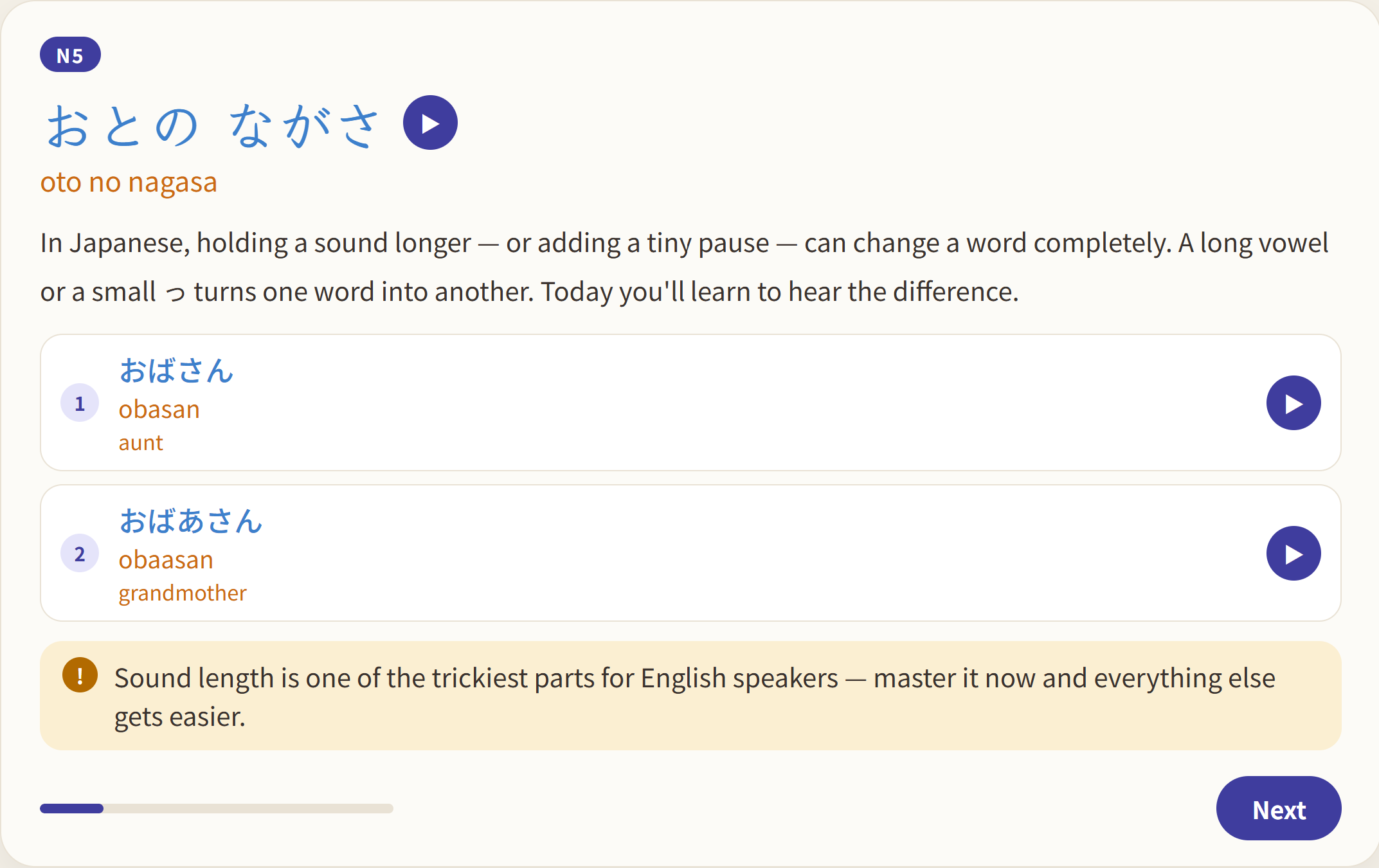 A learning slide explaining how the length of a sound changes a word, comparing obasan and obaasan.