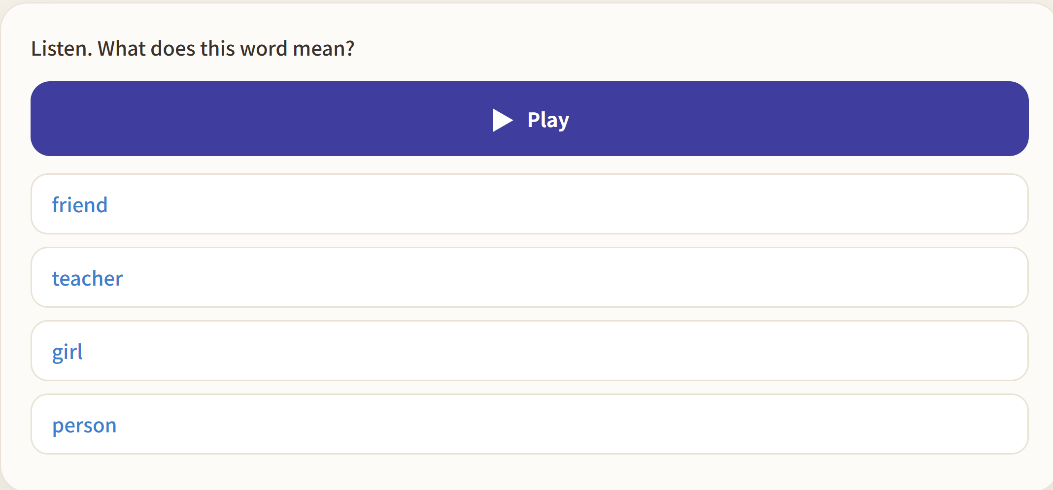 A listening exercise: a play button above four possible meanings.